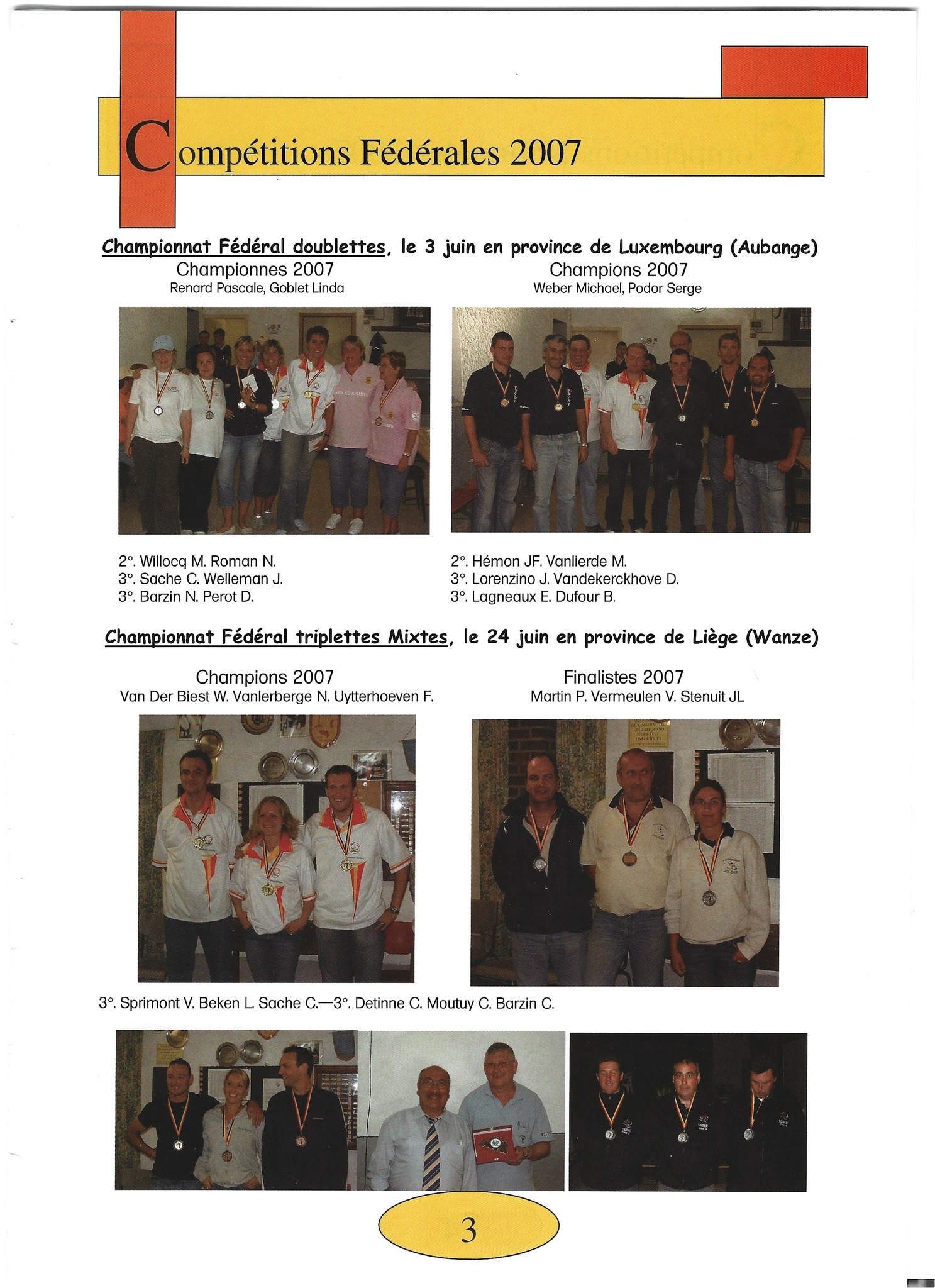 ANNEE 2007 TOUTES LES COMPETITIONS NATIONALE ET FEDERALE STAGE JEUNE 2